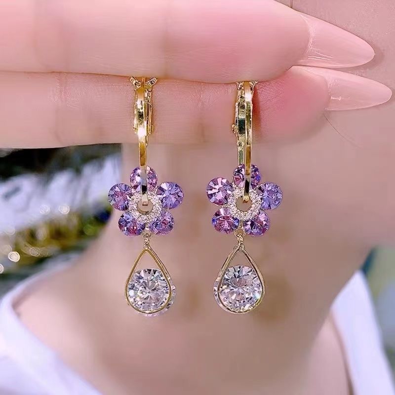 Crystal Flower Earrings-Purple-Nora Luxe