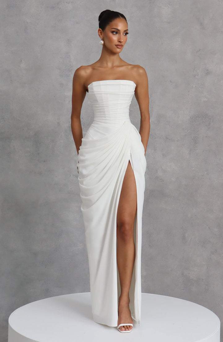 Lois Strapless Corset Maxi Dress with High Slit in white, posed front view