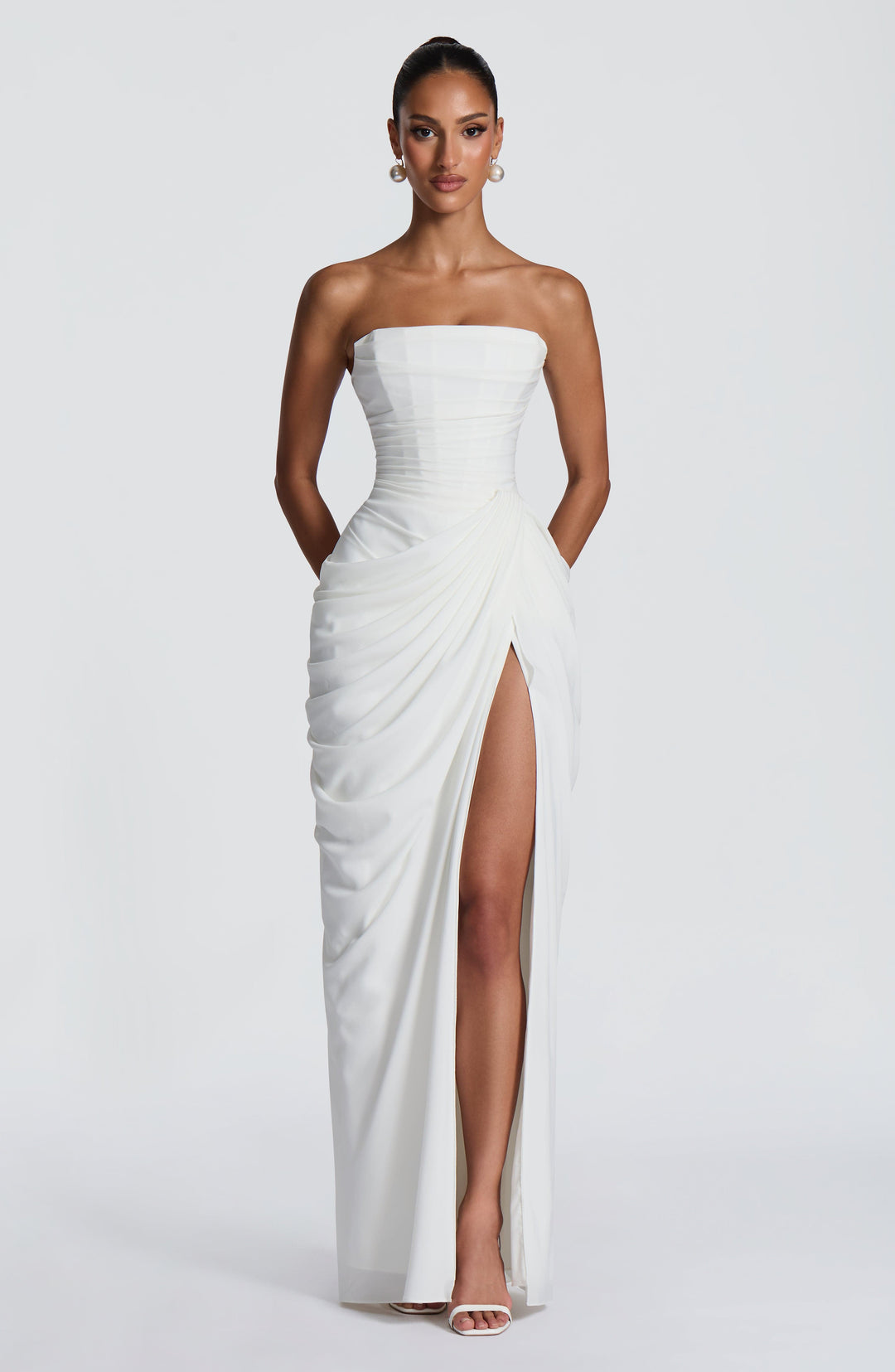 Lois Strapless Corset Maxi Dress with High Slit in white, front view