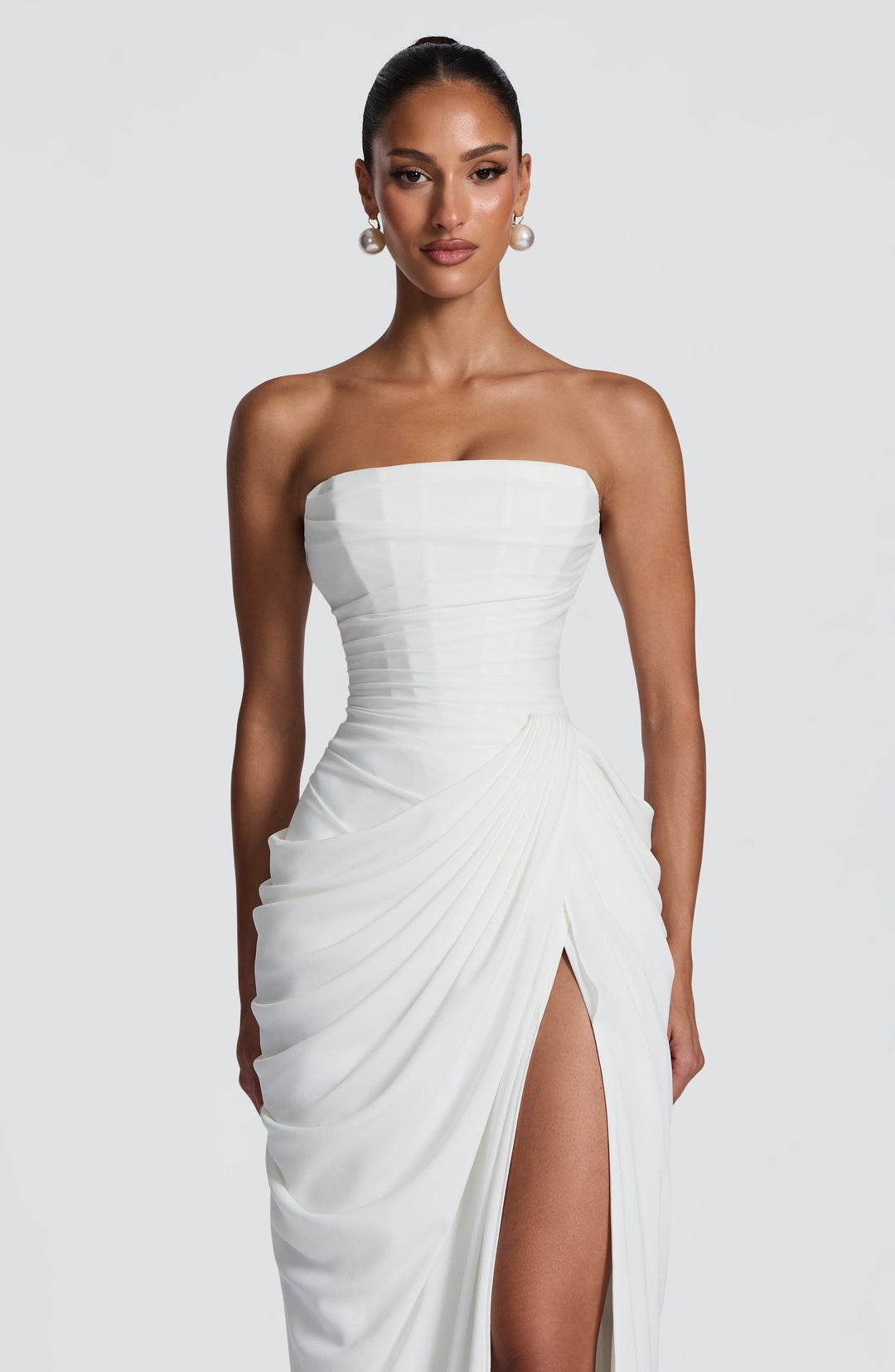 Lois Strapless Corset Maxi Dress with High Slit in white, detail