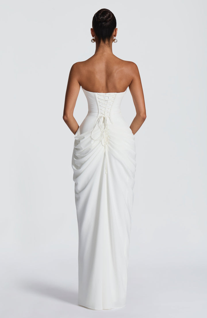 Lois Strapless Corset Maxi Dress with High Slit in white, back view
