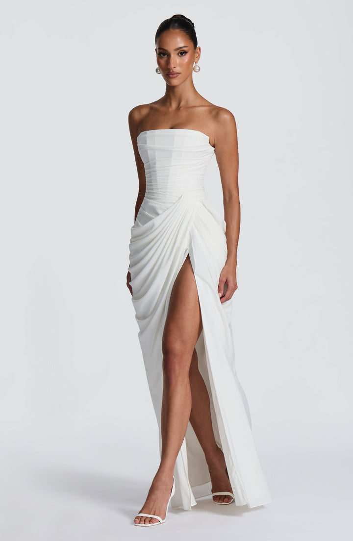 Lois Strapless Corset Maxi Dress with High Slit in white, angled front view