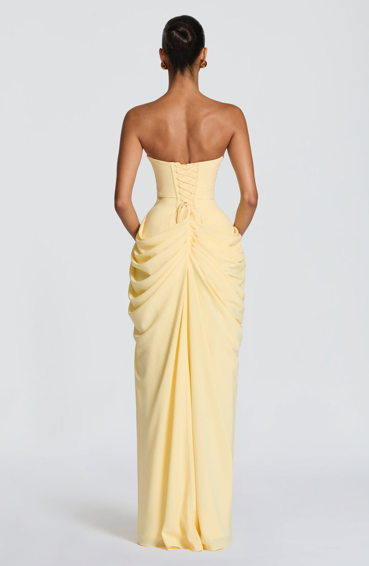 Lois Strapless Corset Maxi Dress with High Slit in pale yellow, back view