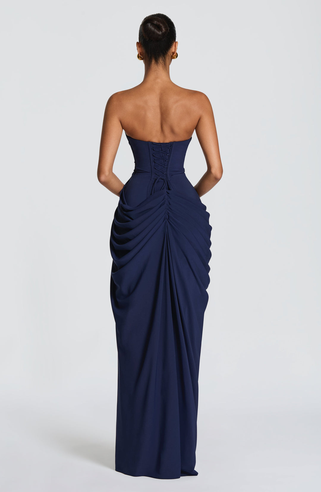 Lois Strapless Corset Maxi Dress with High Slit in navy blue, back view