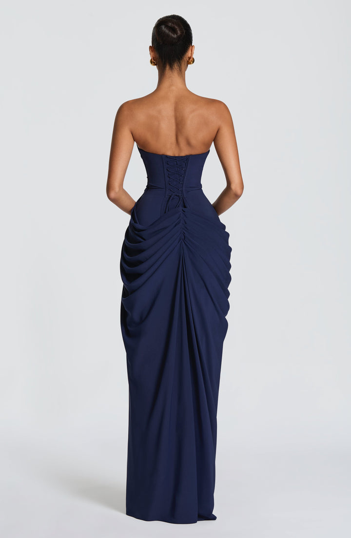 Lois Strapless Corset Maxi Dress with High Slit in navy blue, back view