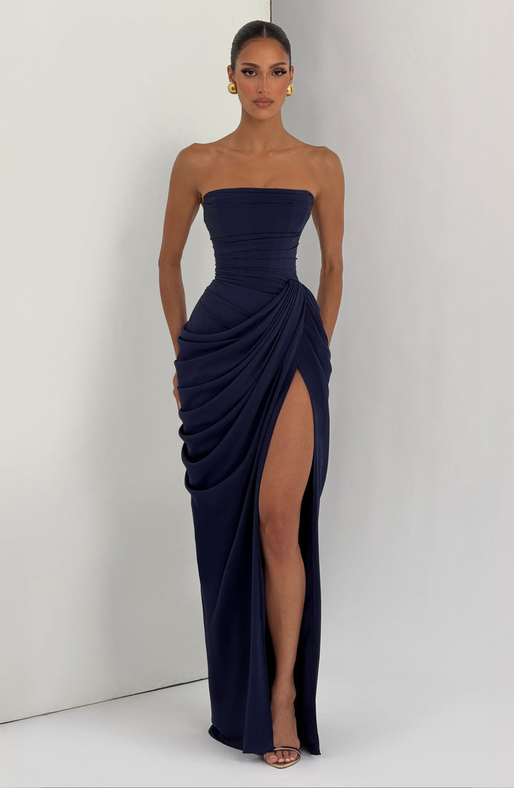 Lois Strapless Corset Maxi Dress with High Slit in navy blue, front view