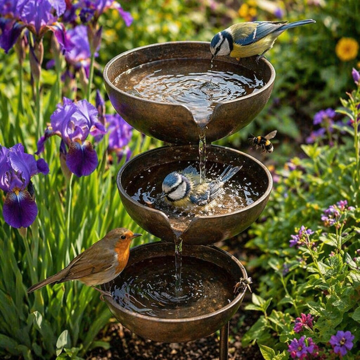 Brown stainless-steel bird bath with a bird and a bee near the bowls.