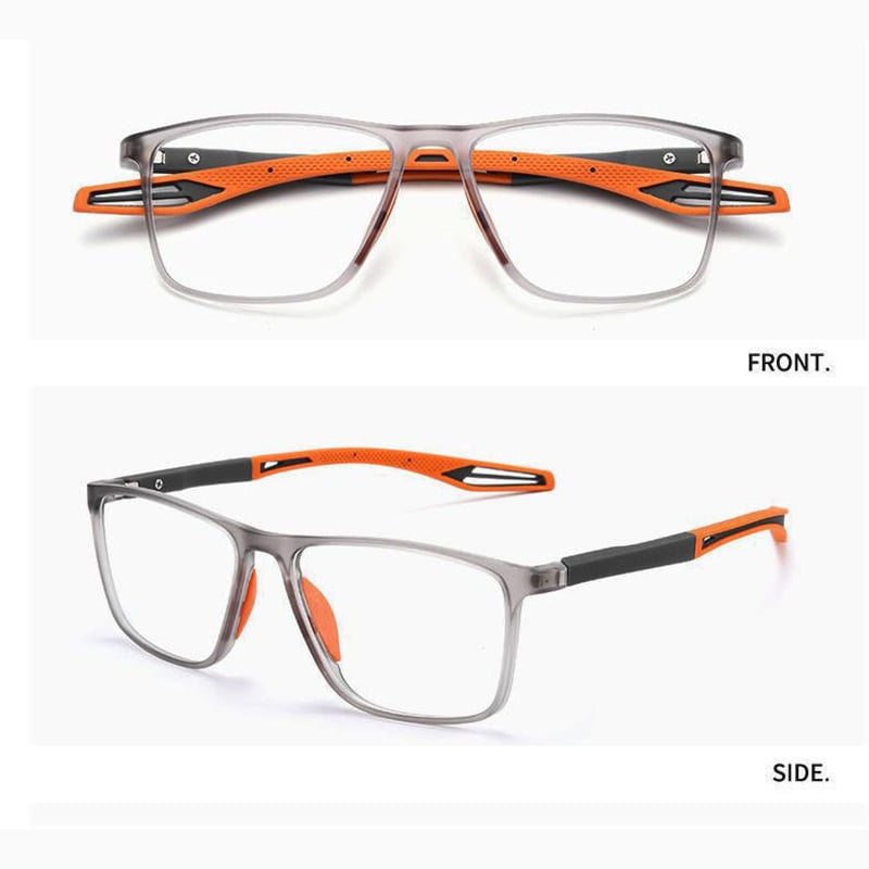 Another view of the grey frame with orange temples.
