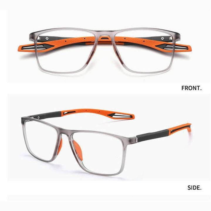 Another view of the grey frame with orange temples.