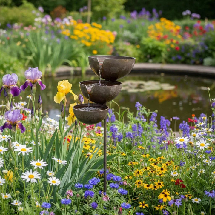 Brown stainless-steel bird bath on a thin stake among irises and daisies.