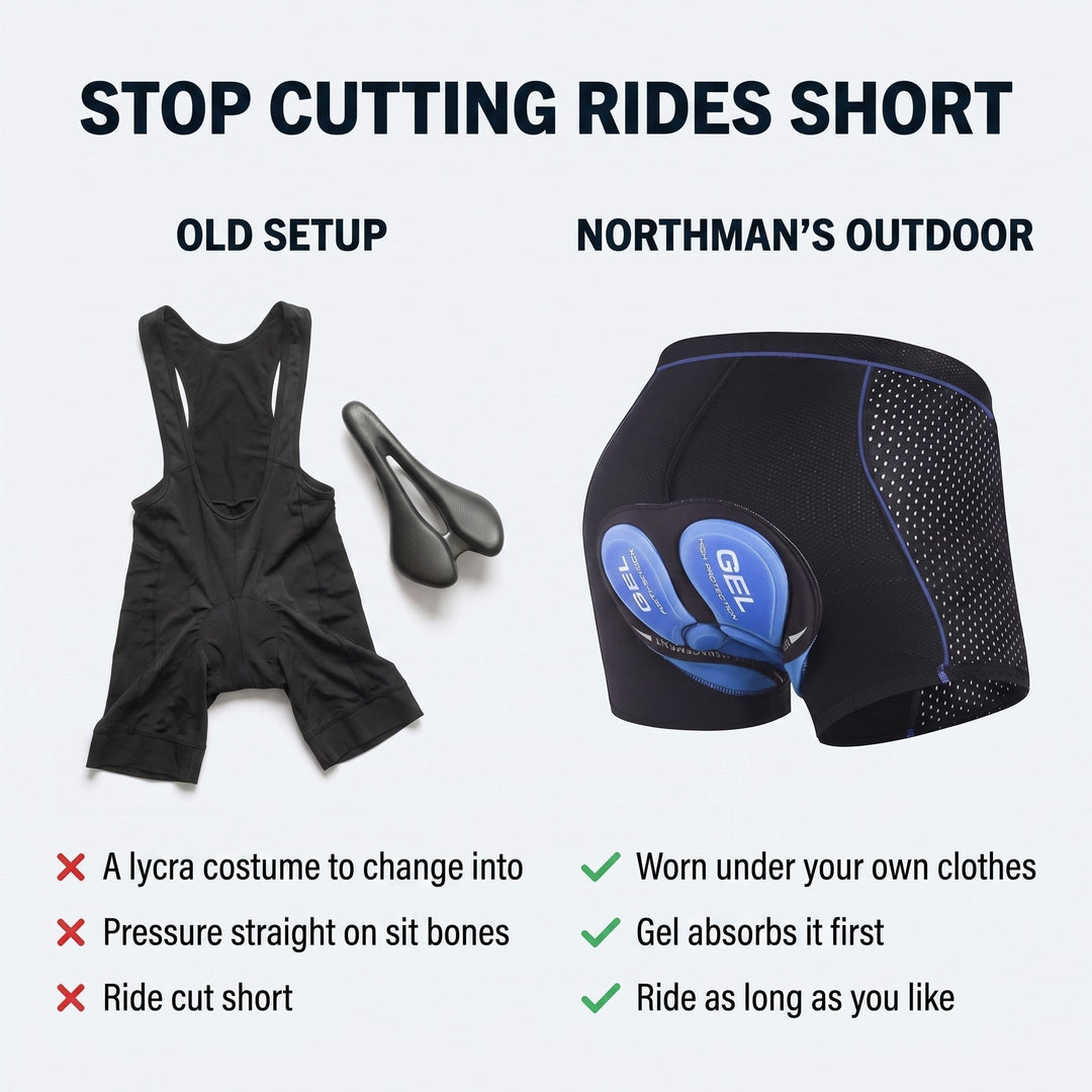 Side-by-side comparison of a black bib cycling suit with a saddle against the padded gel shorts worn under regular clothes. 4