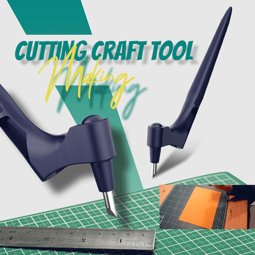 Two navy swivel-blade craft knives on a green cutting mat beside a metal ruler, with a small inset of orange paper being cut. 1