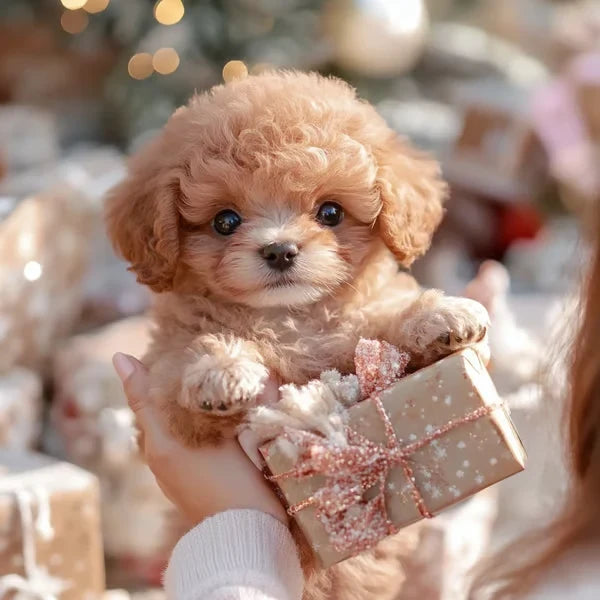 Brown robotic puppy plush companion held in hands.
