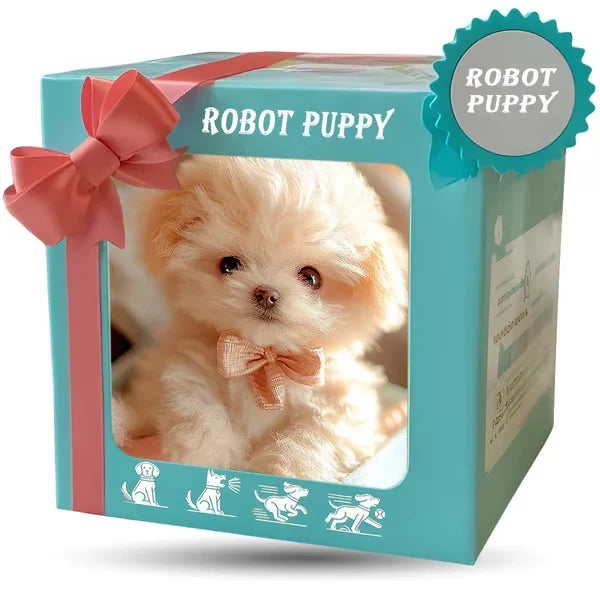 Brown robotic puppy plush companion in a gift box.