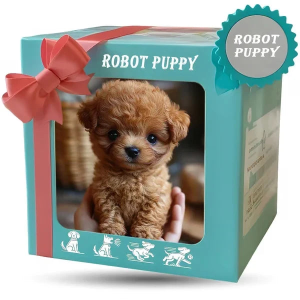 Brown robotic puppy plush companion in a gift box.