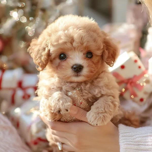 Brown robotic puppy plush companion held in hands.