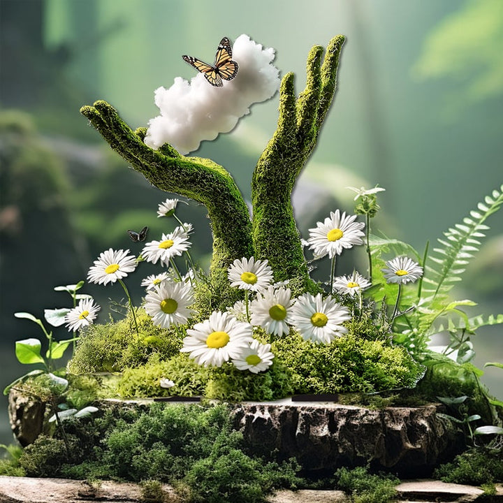 Moss-covered open hands rising from a mossy log, with white daisies, ferns, a cloud and a monarch butterfly. 22