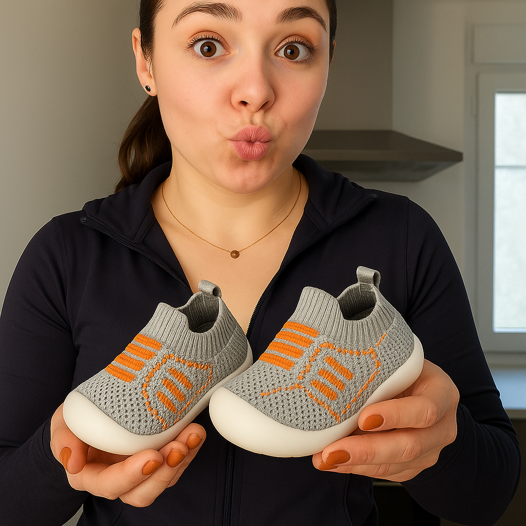 Gray knit baby shoes with orange stripes and thick white soles, detail.