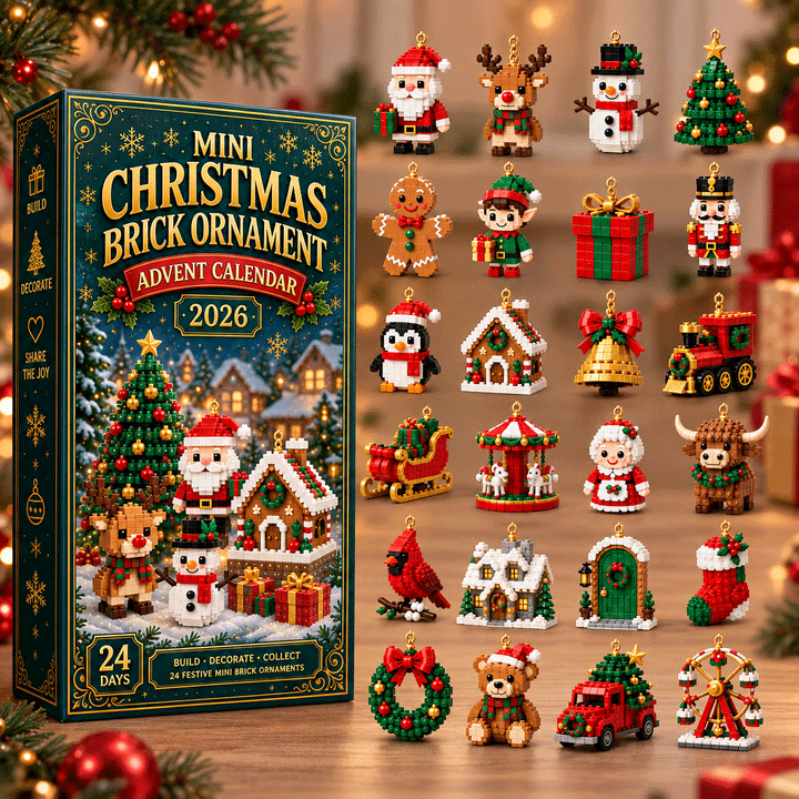 Box on the left and a grid of all 24 finished brick ornaments, from Santa and snowman to a sleigh, carousel, train and Ferris wheel.