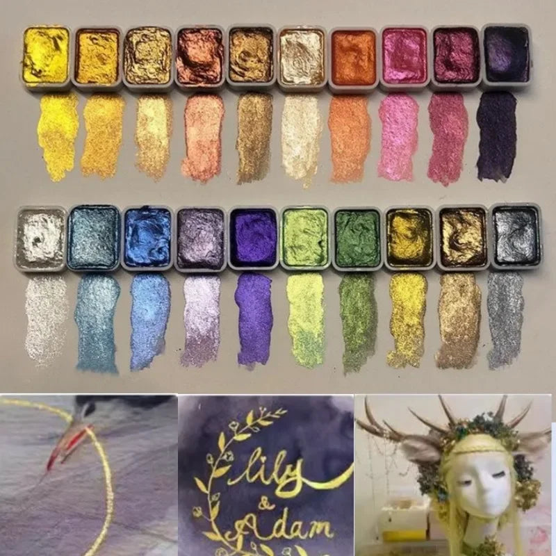 Twenty shimmering paint pans in two rows with brush swatches beneath and lettering, a painted line, and a headpiece in the bottom strip.