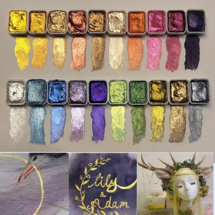 Twenty shimmering paint pans in two rows with brush swatches beneath and lettering, a painted line, and a headpiece in the bottom strip.