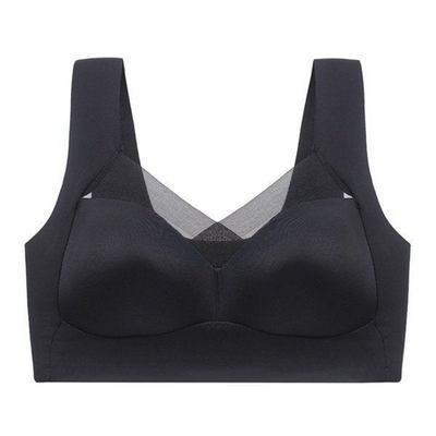 Single black seamless bra laid flat, showing wide straps and a sheer mesh V-neckline 12