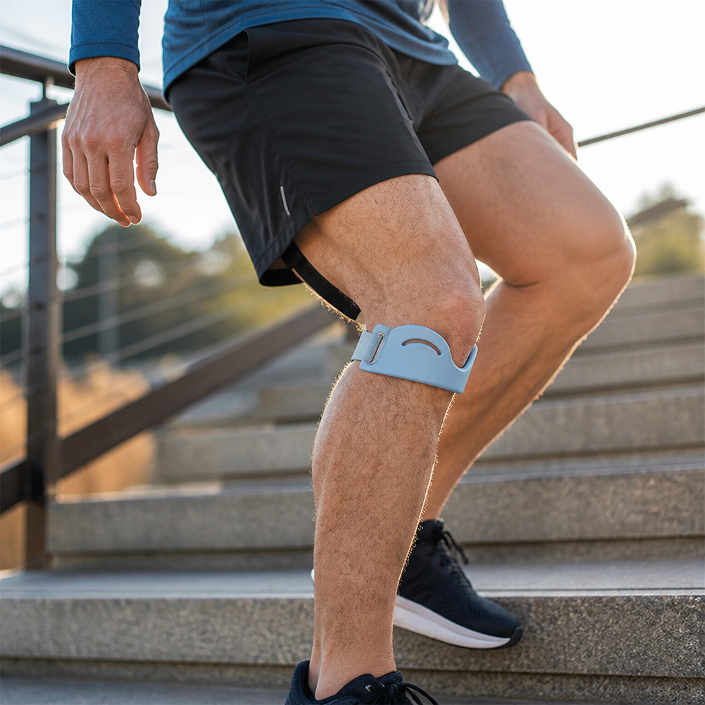Man in black shorts climbing outdoor stairs with a pale blue silicone knee strap fastened below the kneecap. 4