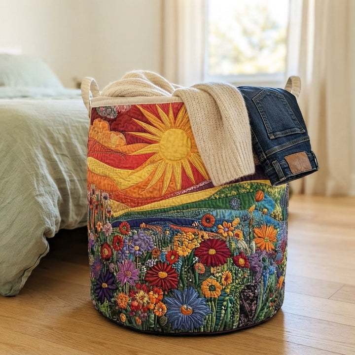 Padded fabric laundry basket with handles, another view beside a bed with clothes draped over the rim.