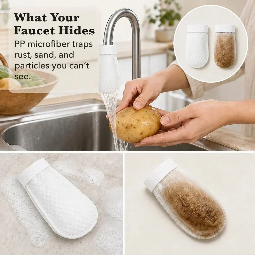 Collage of a white filter cover on a running kitchen faucet while washing a potato, with clean and dirt-filled covers 4
