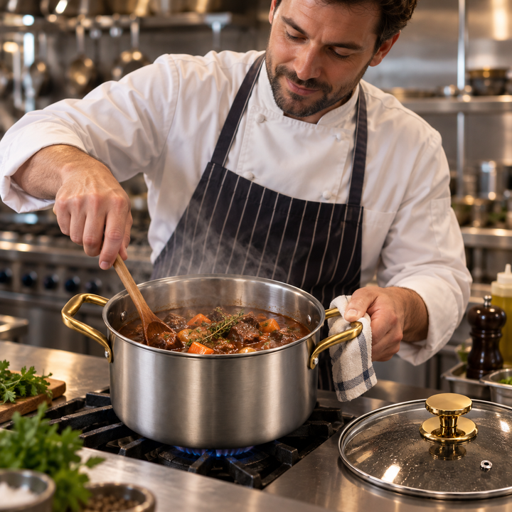 Chef in whites stirs a steaming beef stew in the pot over a gas flame, holding a handle with a towel. 6