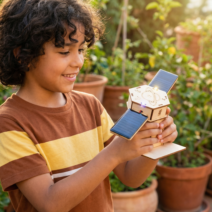 Wooden satellite model with blue solar panels and small lights
