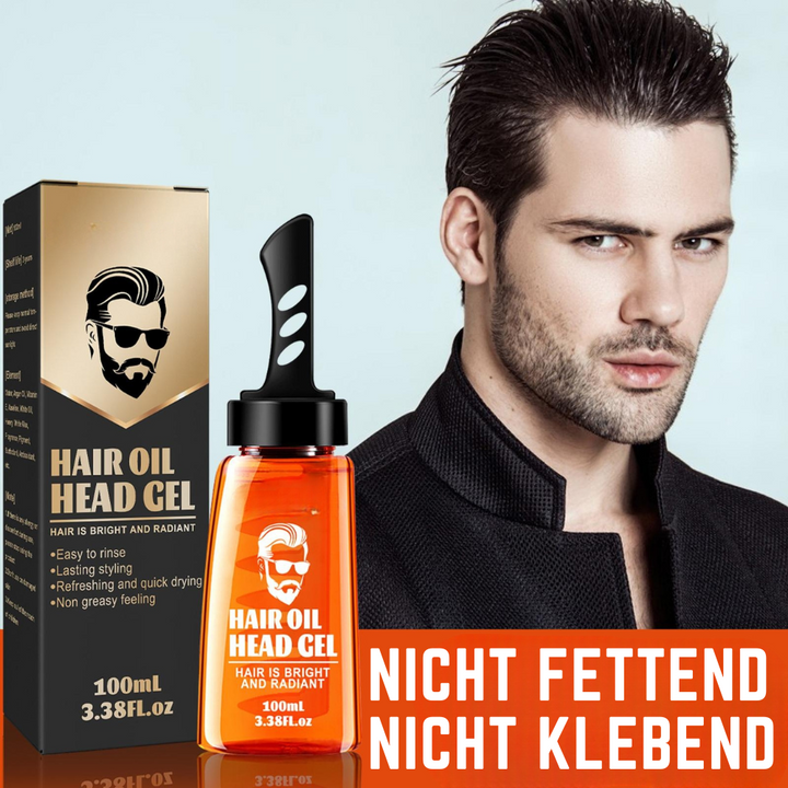 Gel bottle with comb cap and black-and-gold box beside a dark-haired man with light stubble, wearing a black jacket.