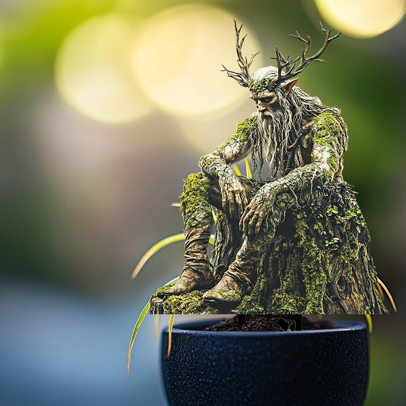 Fairy Tale Acrylic Garden Stake with an antlered woodland elder on a mossy stump detail