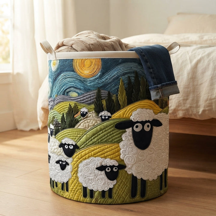 Sheep-print basket on a wood floor beside a bed, holding a knit blanket with a pair of jeans draped over the rim. 5