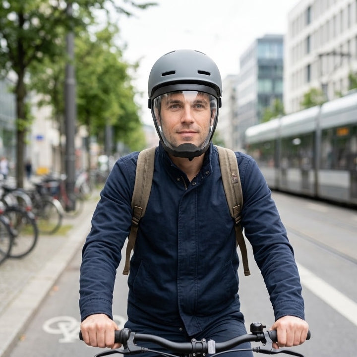 Man on a bicycle wears the shield attached under his helmet on a city street 4