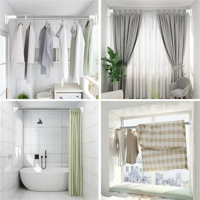 Silver stainless-steel tension rod in a four-panel collage holding shirts, curtains, a shower curtain and a blanket