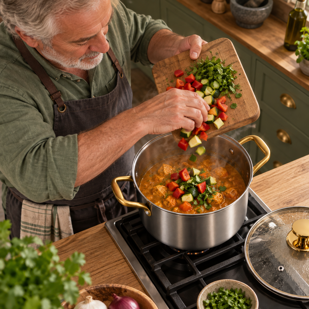 Man in a green shirt tips chopped peppers, zucchini and herbs from a cutting board into the pot of simmering stew. 7