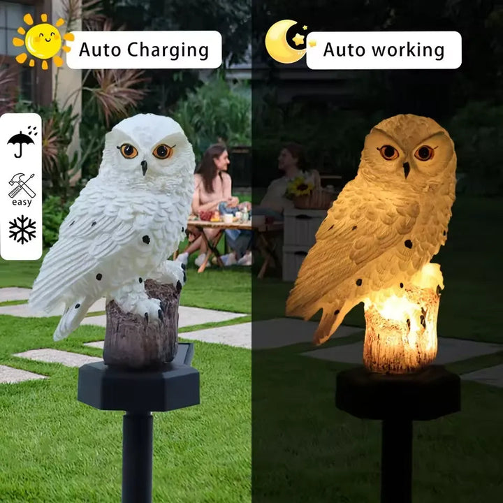 Side-by-side of the white owl by day on a lawn and glowing warmly at night 2