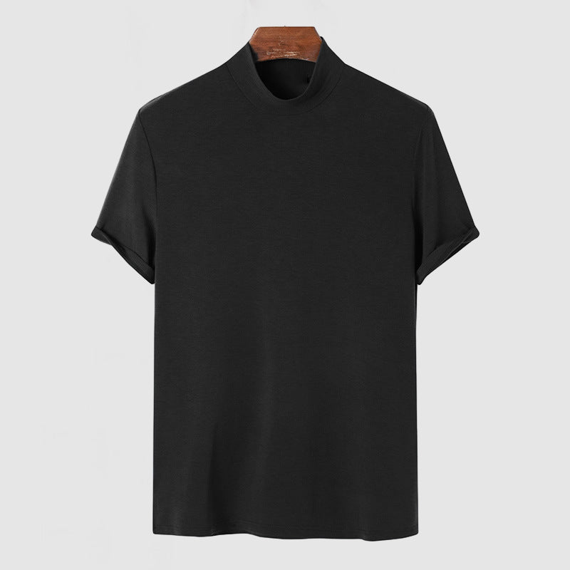 Black mock-neck tee hanging on a wooden hanger, front view, with slightly rolled short sleeves.
