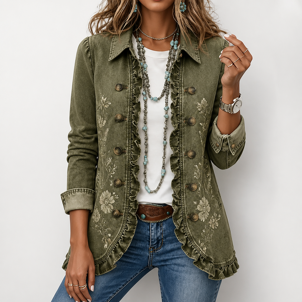 Olive green floral embroidered utility jacket with ruffle trim and brass buttons worn over a white top and jeans.