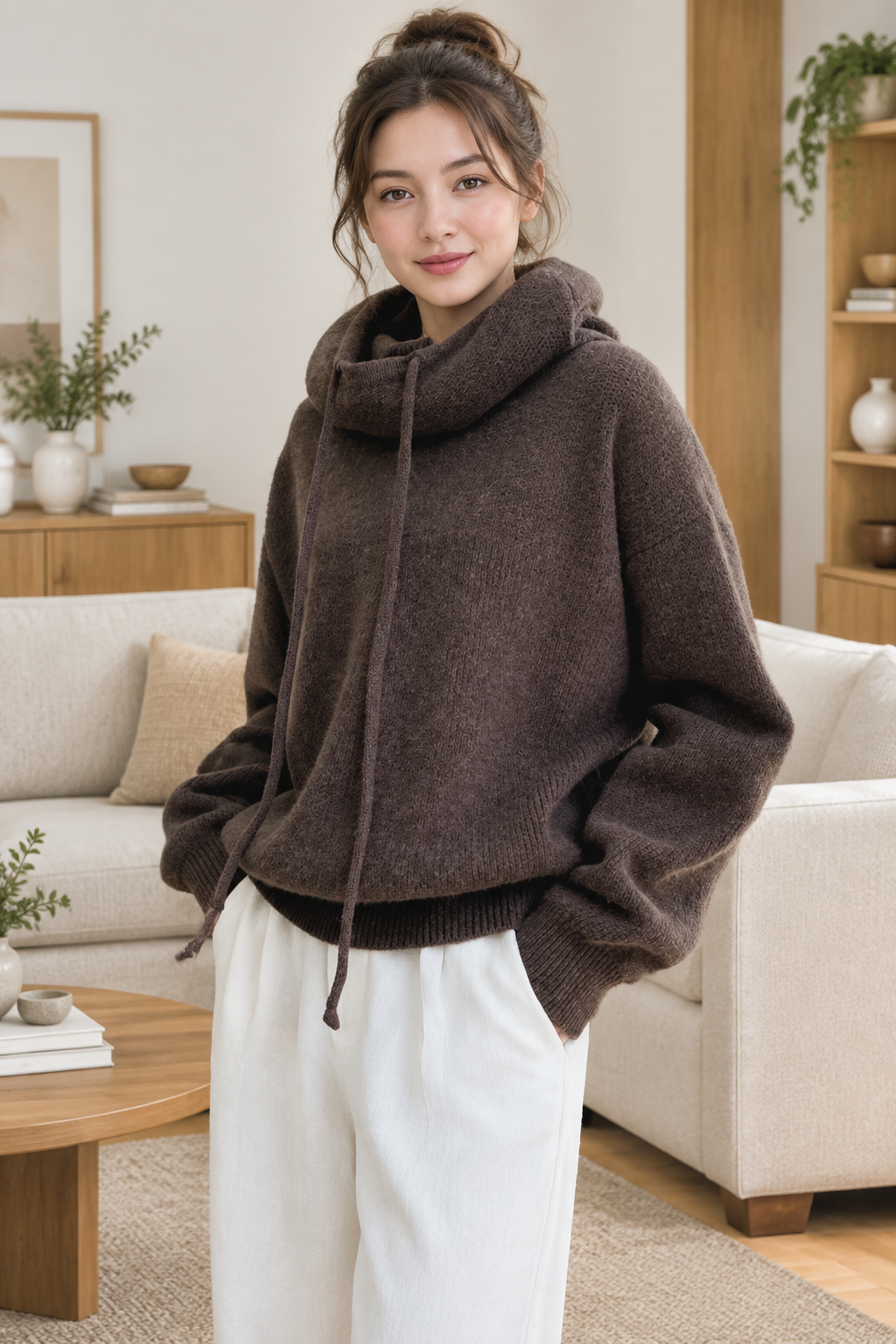 Smiling woman in a cozy living room wearing the dark brown sweater with white trousers 1