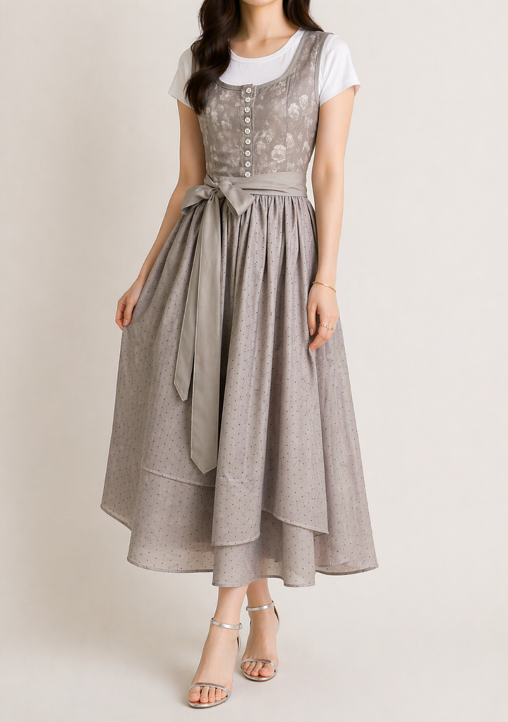Grey dirndl dress full-length view with a gathered dotted skirt, layered hem and long waist bow.
