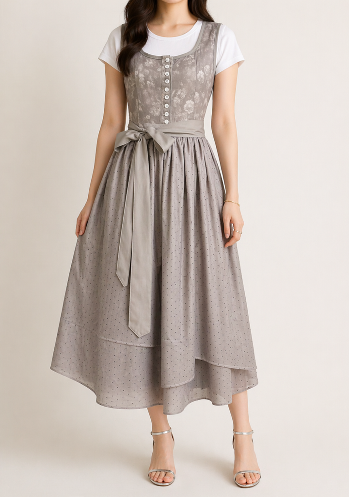 Grey dirndl dress straight-on full-length view with a buttoned floral bodice, bow and tiered dotted skirt.
