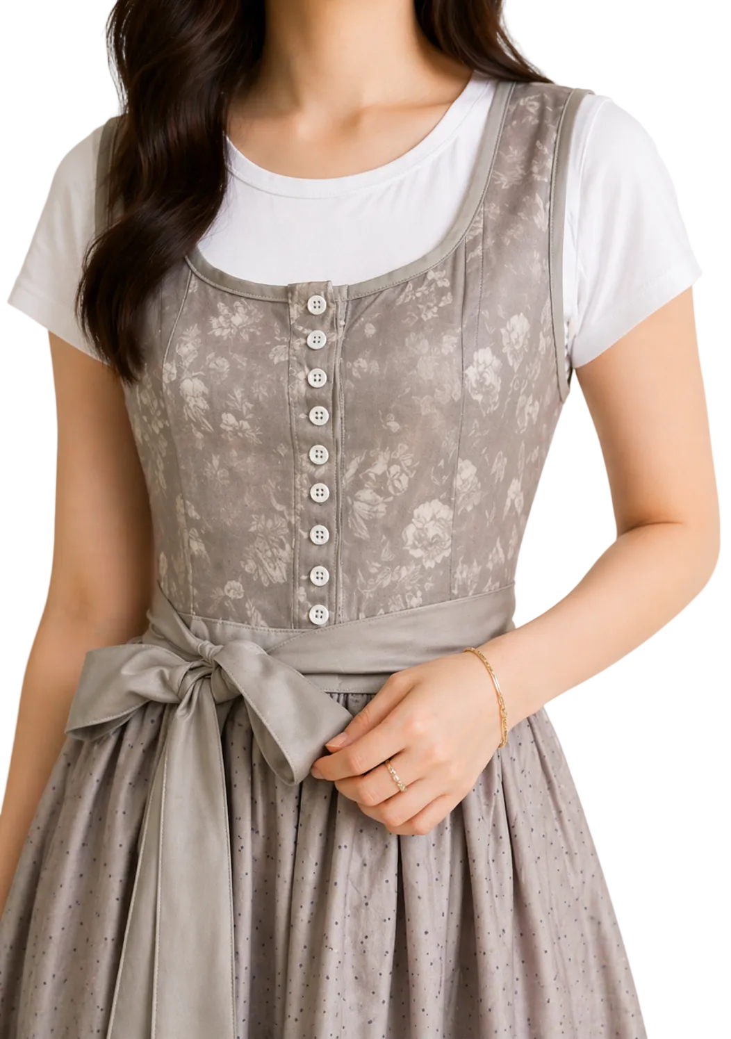 Grey floral dirndl bodice with white buttons, scoop neckline and satin waist bow.
