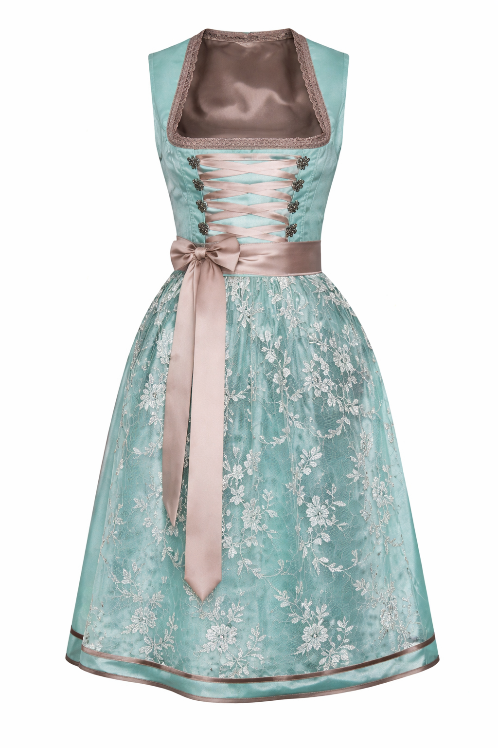 Another view of the green dirndl dress with a silvery floral lace overskirt, taupe satin lacing and metal hooks.