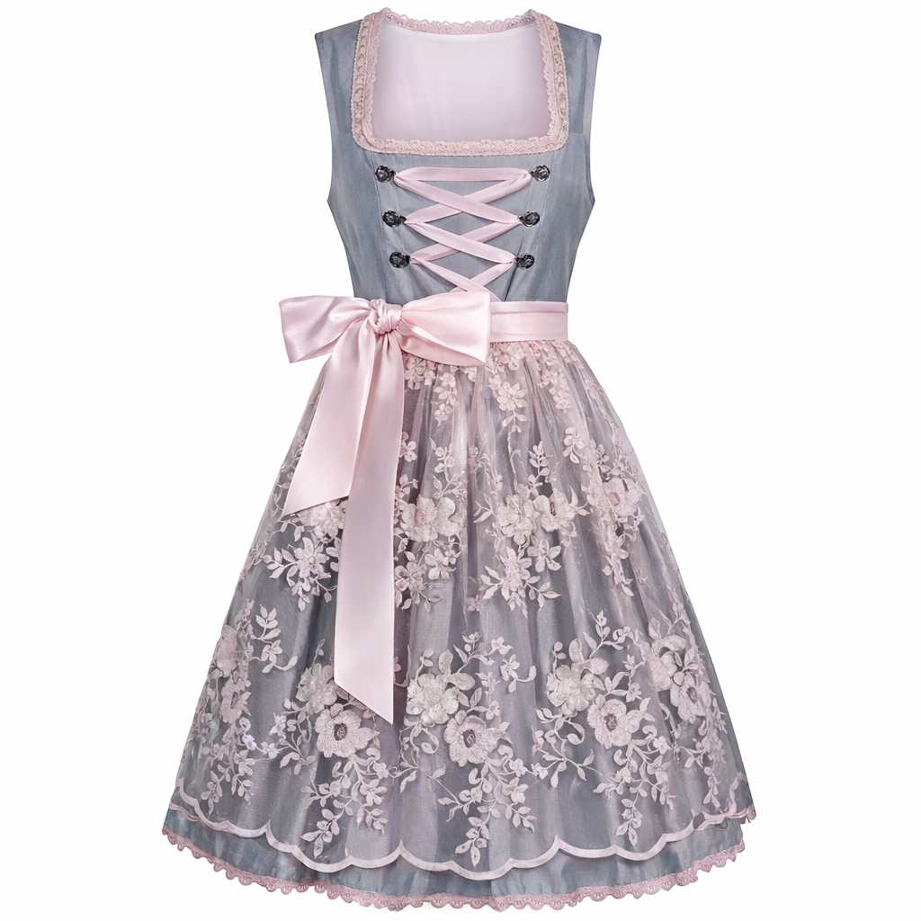 Gray dirndl dress with a pink satin bow, pink lace-up front and pink floral lace apron.