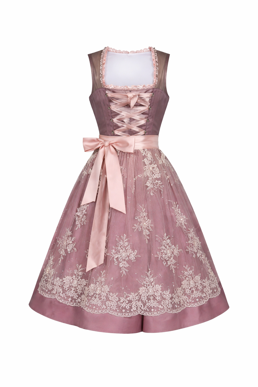 Dusty mauve dirndl dress with a pink lace-up bodice, satin bow and cream floral lace overlay.