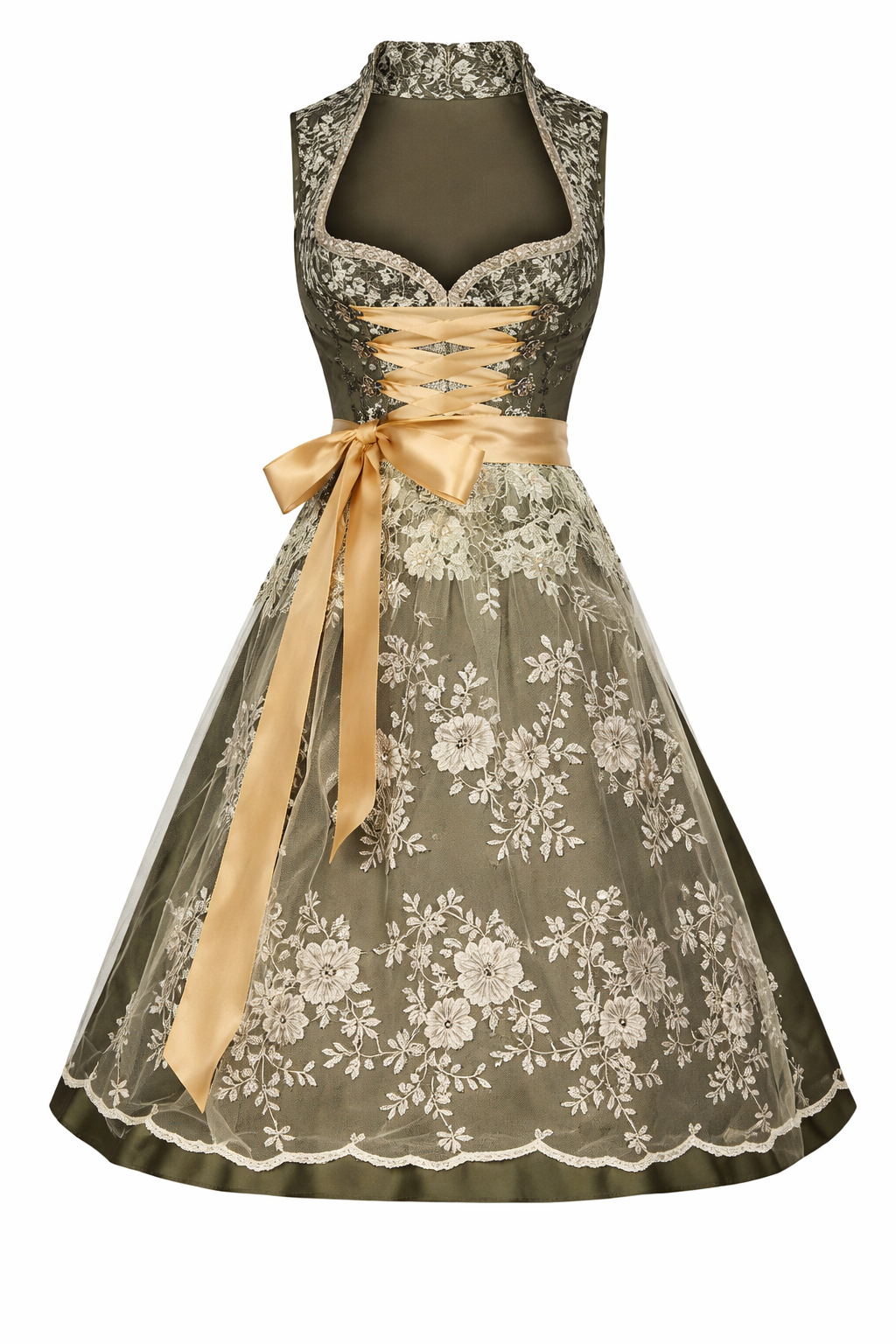 Olive green dirndl dress with a stand collar, sweetheart neckline, golden lace-up front and floral lace overlay.