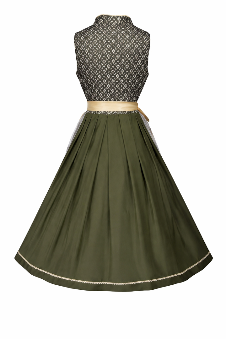 Back view of the olive green dirndl dress with a stand-collar bodice and golden sash.