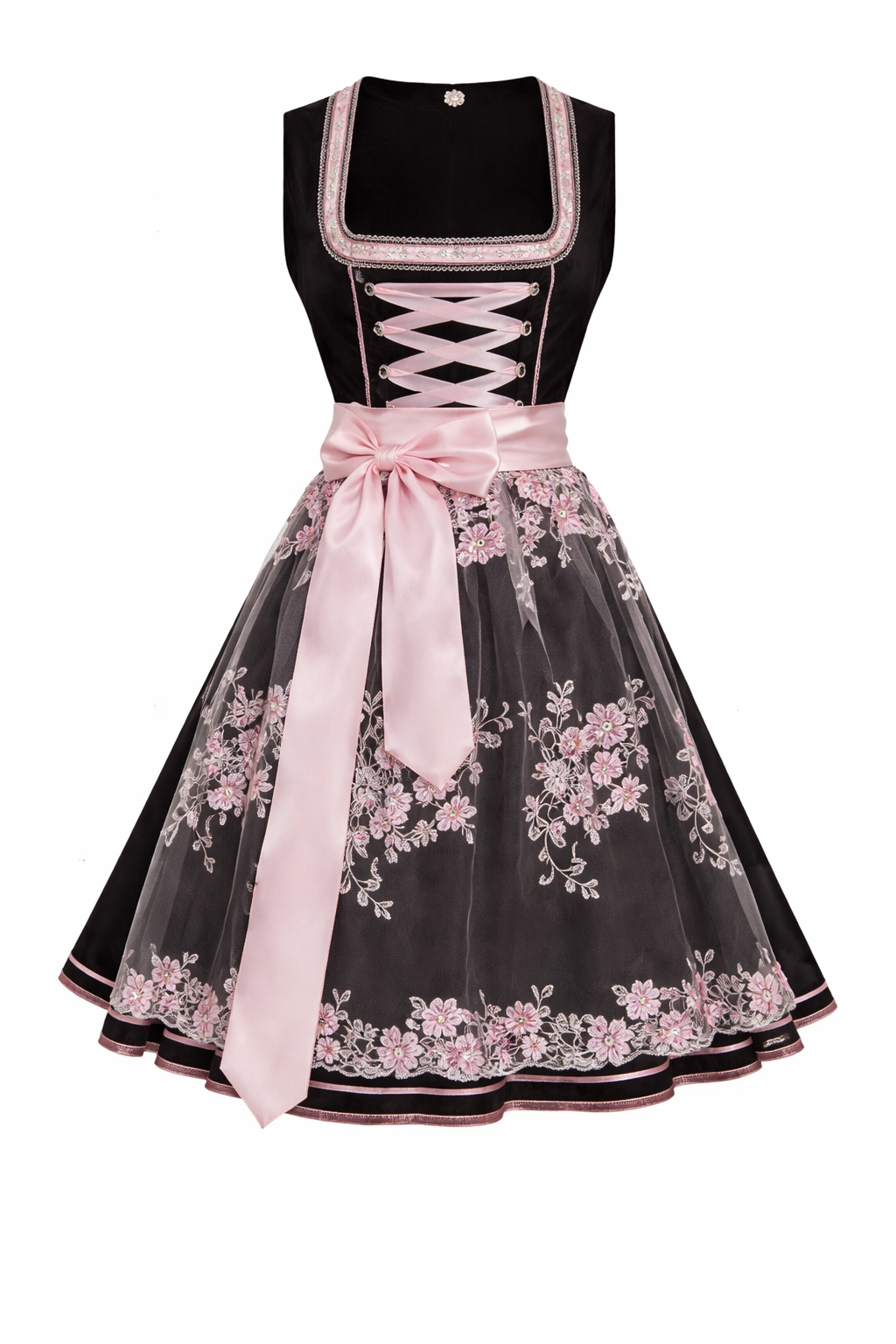 Black dirndl dress with a square neckline, pink lace-up front and pink floral lace overlay.